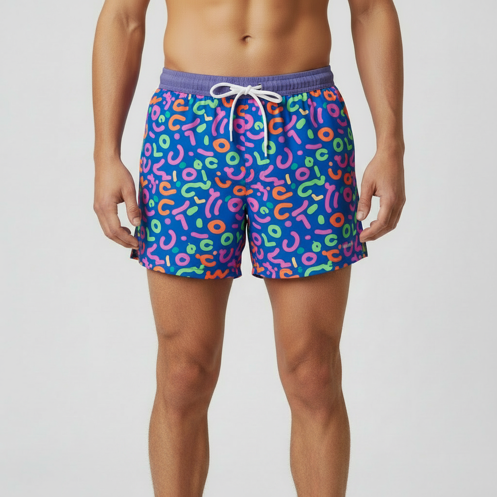 Blue Squiggles Print Running Shorts on Model