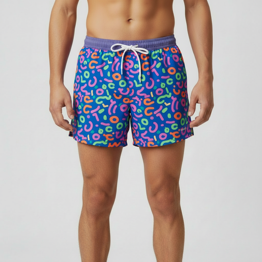 Blue Squiggles Print Running Shorts on Model