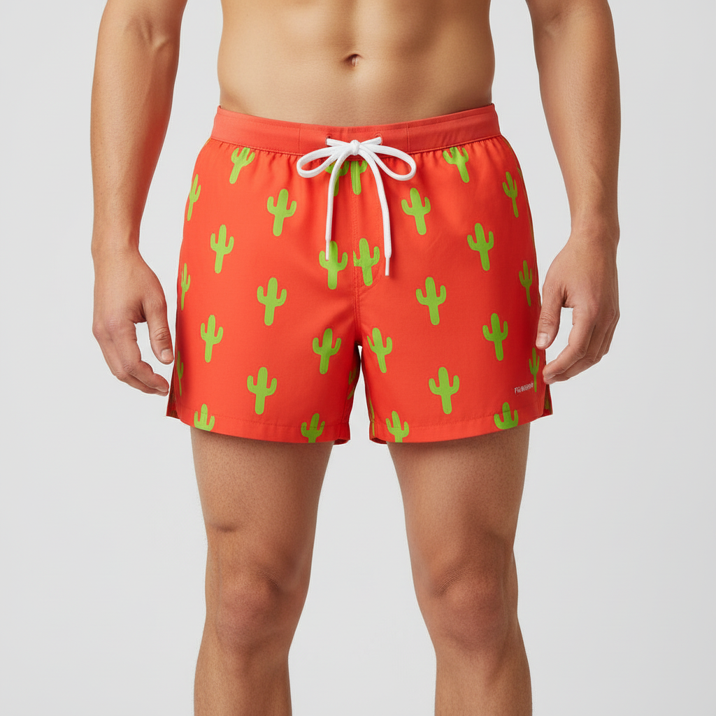 Red Cactus Print Running Shorts on Model